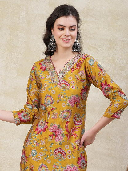 Floral Printed Zari, Resham & Sequins Embroidered Kurta - Mustard