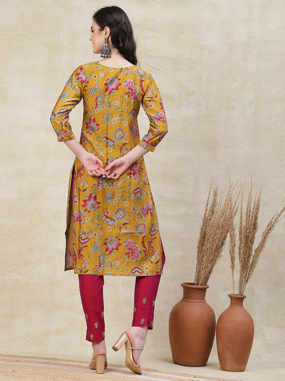 Floral Printed Zari, Resham & Sequins Embroidered Kurta - Mustard