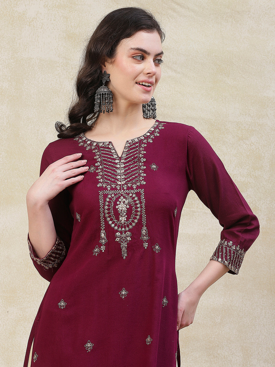 Solid Zari, Mirror & Sequins Embroidered Kurta - Mauve