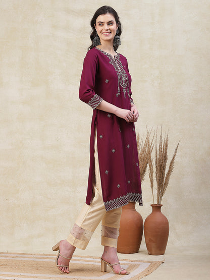 Solid Zari, Mirror & Sequins Embroidered Kurta - Mauve