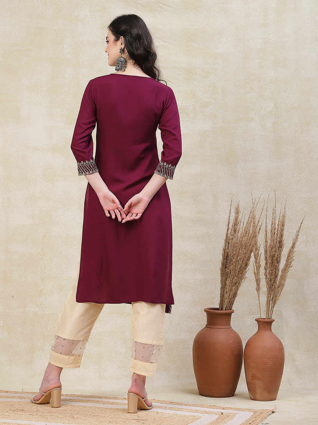 Solid Zari, Mirror & Sequins Embroidered Kurta - Mauve