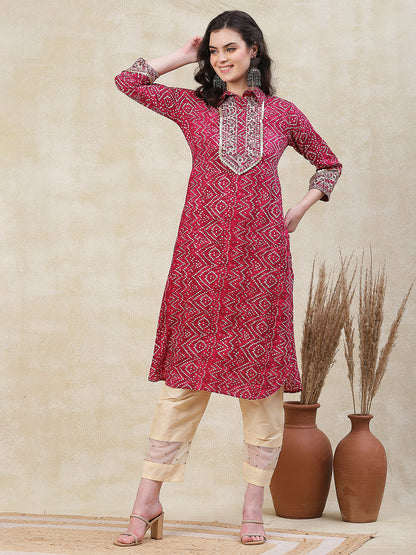 Ethnic Bandhani Design Printed Mirror & Zari Embroidered Kurta - Pink
