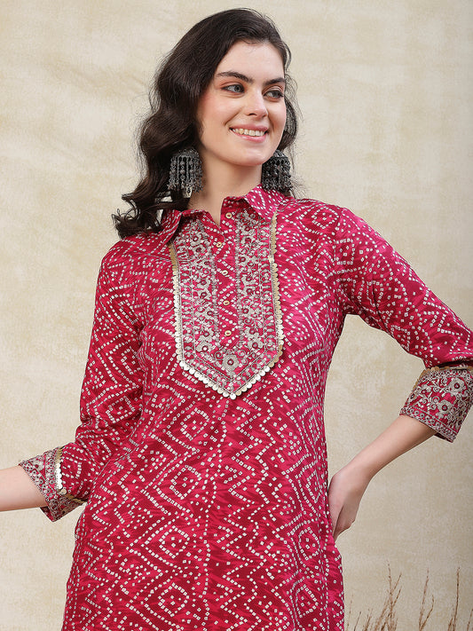 Ethnic Bandhani Design Printed Mirror & Zari Embroidered Kurta - Pink