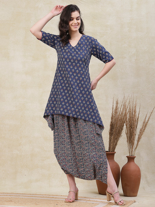 Ethnic Printed A-Line High Low Kurta with Harem Pant - Blue