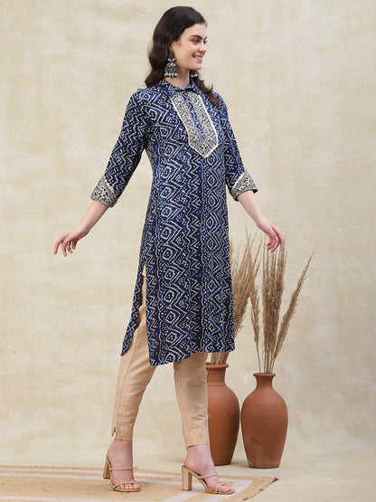 Ethnic Bandhani Design Printed Mirror & Zari Embroidered Kurta - Blue