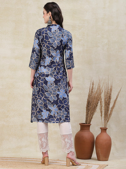 Abstract Printed Metal Buttoned Kurta - Blue