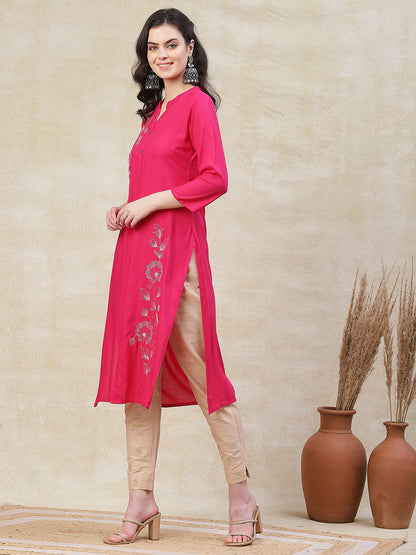 Solid Resham & Mirror Embroidered Kurta - Pink