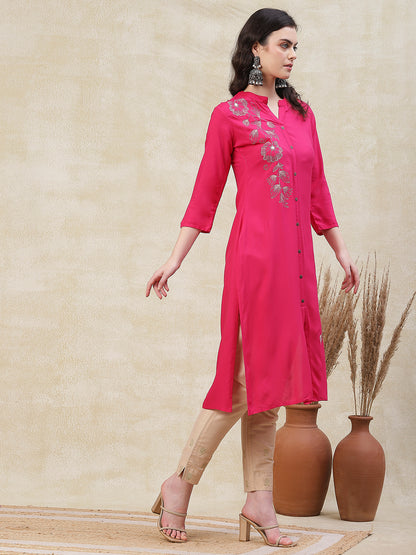 Solid Resham & Mirror Embroidered Kurta - Pink