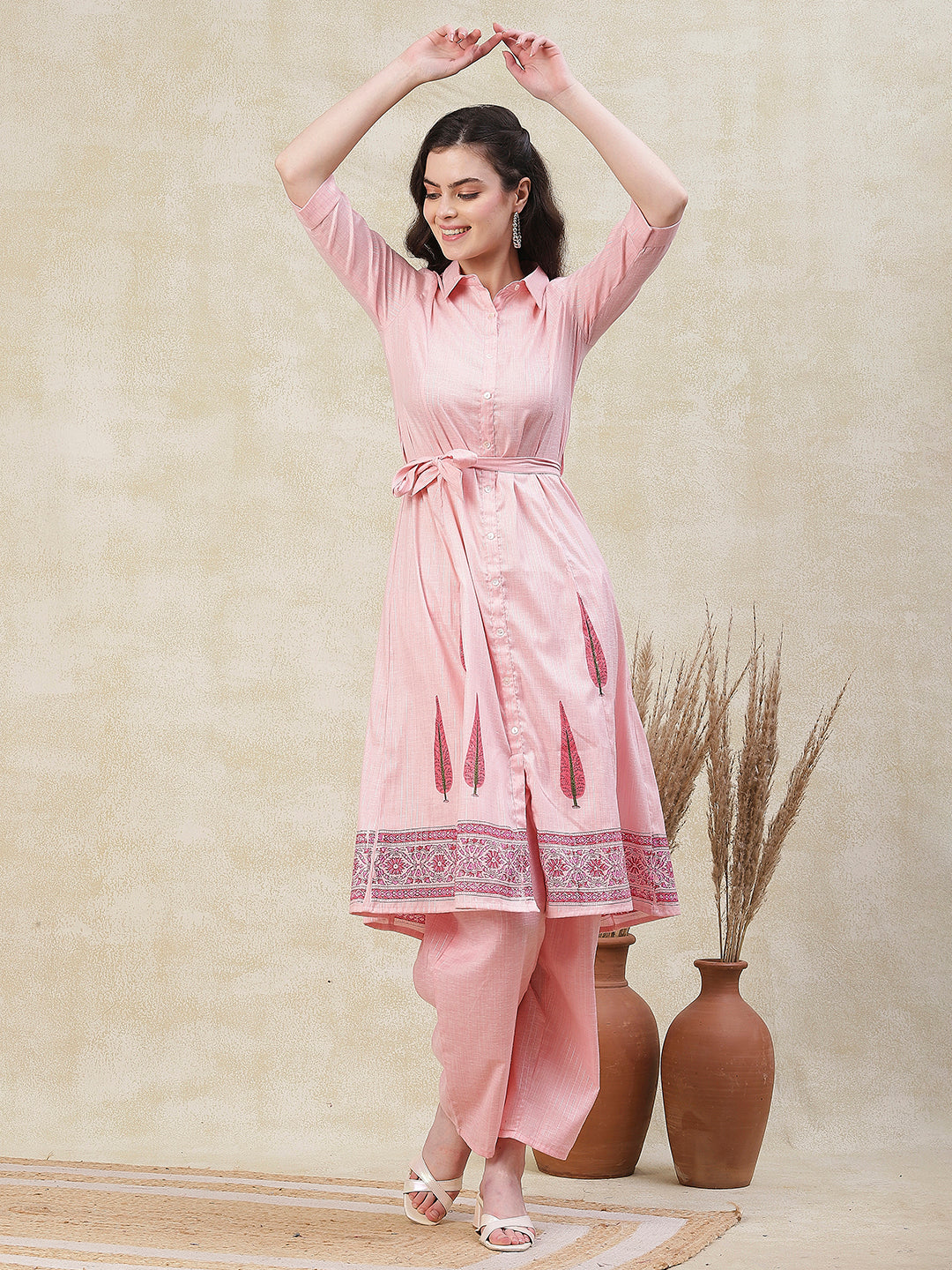 Woven Lurex Striped Mother-of-Pearl Buttoned Kurta with Palazzo Pants –  FASHOR