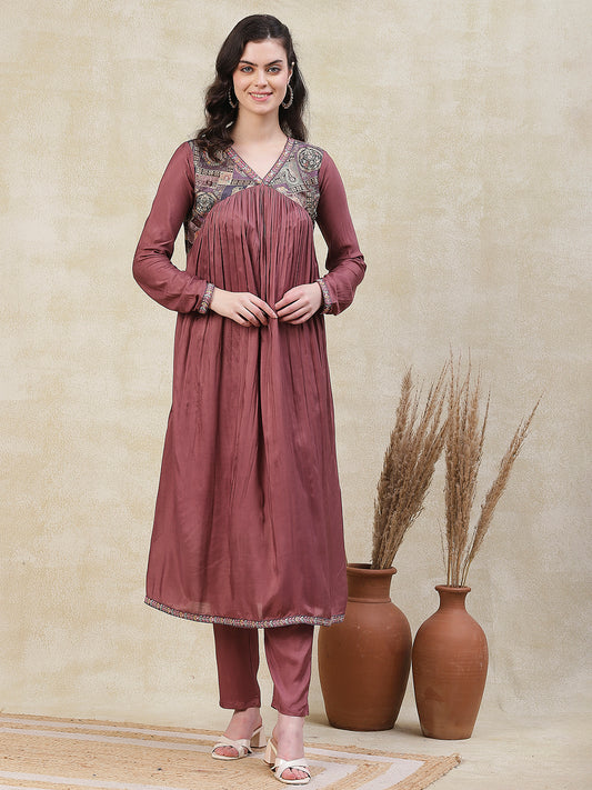 Solid Brocade Yoke A-Line Pleated Kurta with Pant - Rose Gold