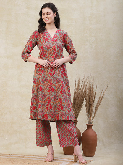 Floral Printed Pleated Yoke A-line Kurta with Chevron Printed Palazzo - Grey & Red
