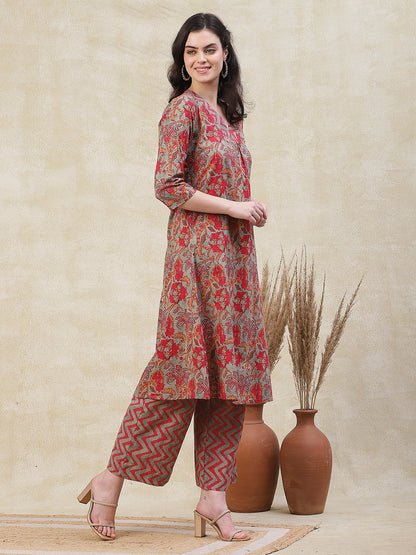 Floral Printed Pleated Yoke A-line Kurta with Chevron Printed Palazzo - Grey & Red