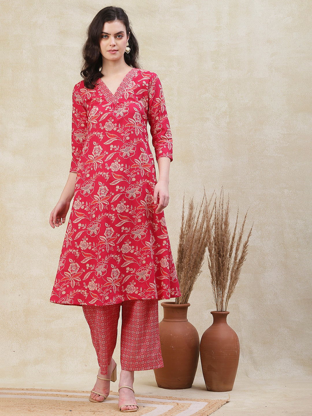 Floral Printed Pleated Yoke A-line Kurta with Abstract Printed Palazzo - Pink