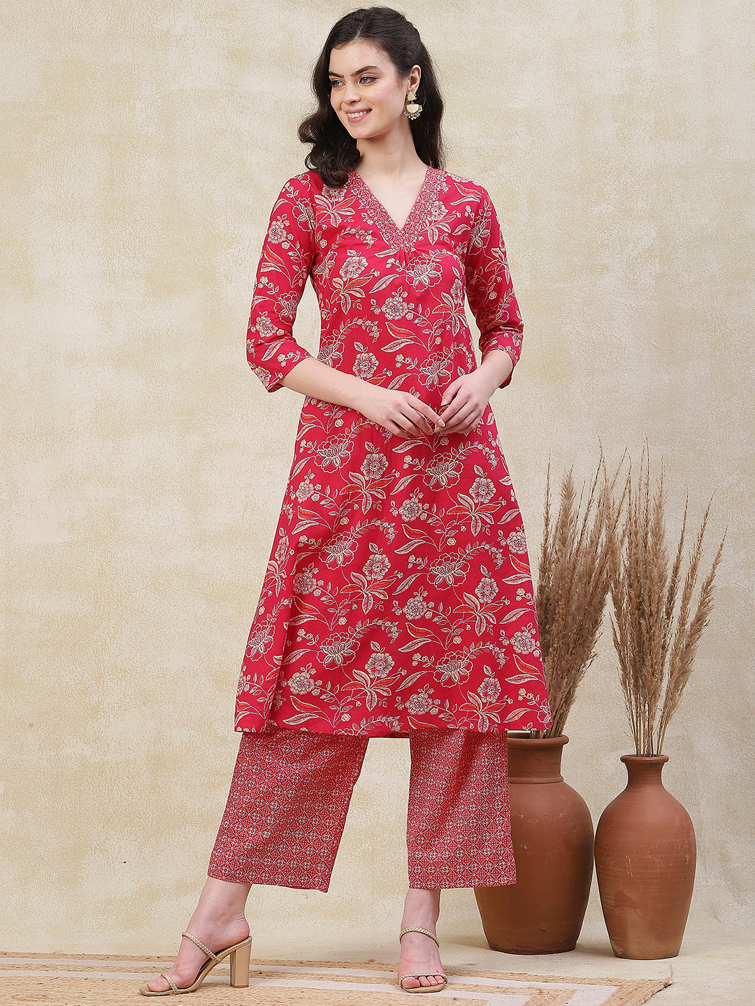 Floral Printed Pleated Yoke A-line Kurta with Abstract Printed Palazzo - Pink