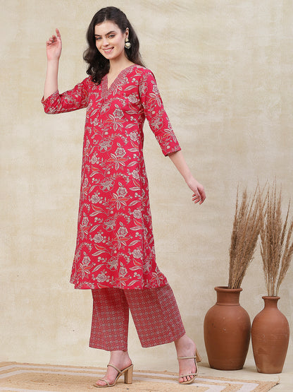 Floral Printed Pleated Yoke A-line Kurta with Abstract Printed Palazzo - Pink