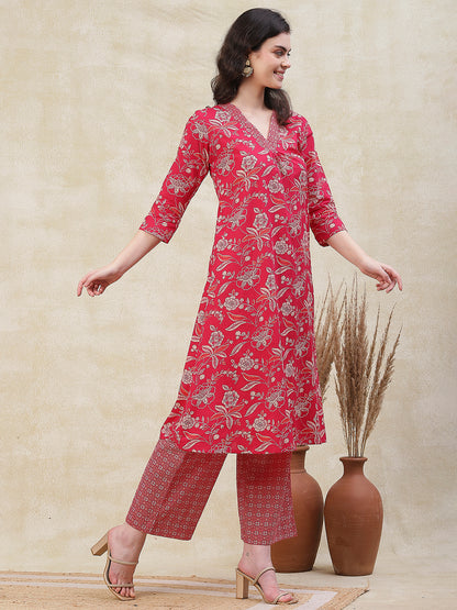 Floral Printed Pleated Yoke A-line Kurta with Abstract Printed Palazzo - Pink