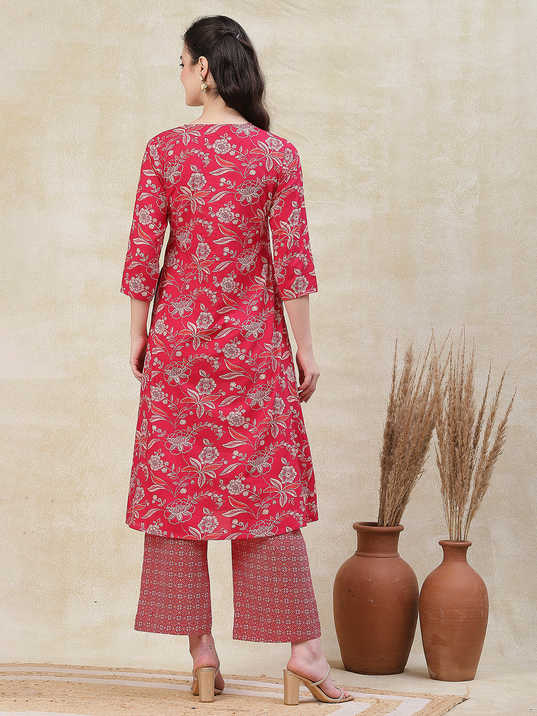 Floral Printed Pleated Yoke A-line Kurta with Abstract Printed Palazzo - Pink