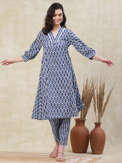 Ethnic Chevron Printed A-Line Kurta with Pant - Blue