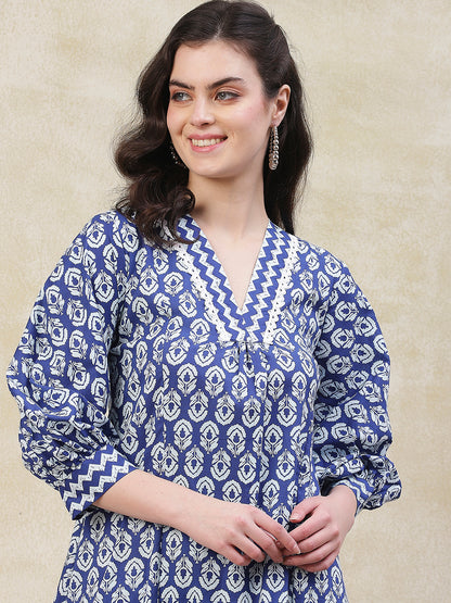 Ethnic Chevron Printed A-Line Kurta with Pant - Blue