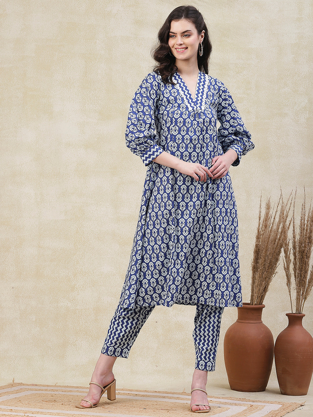 Ethnic Chevron Printed A-Line Kurta with Pant - Blue