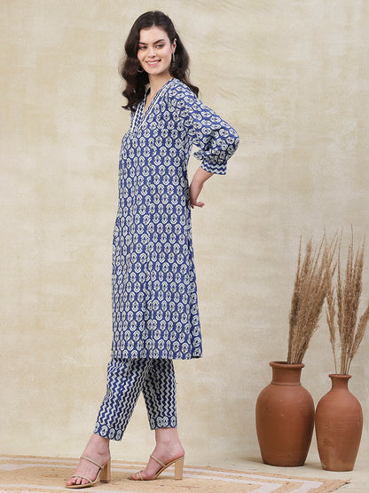 Ethnic Chevron Printed A-Line Kurta with Pant - Blue