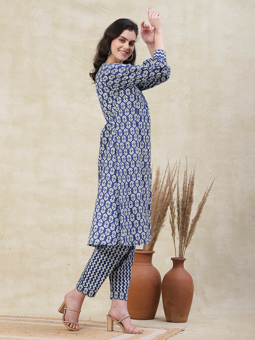 Ethnic Chevron Printed A-Line Kurta with Pant - Blue