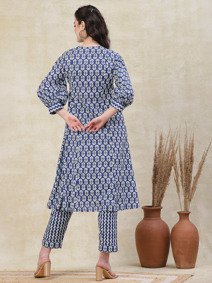 Ethnic Chevron Printed A-Line Kurta with Pant - Blue