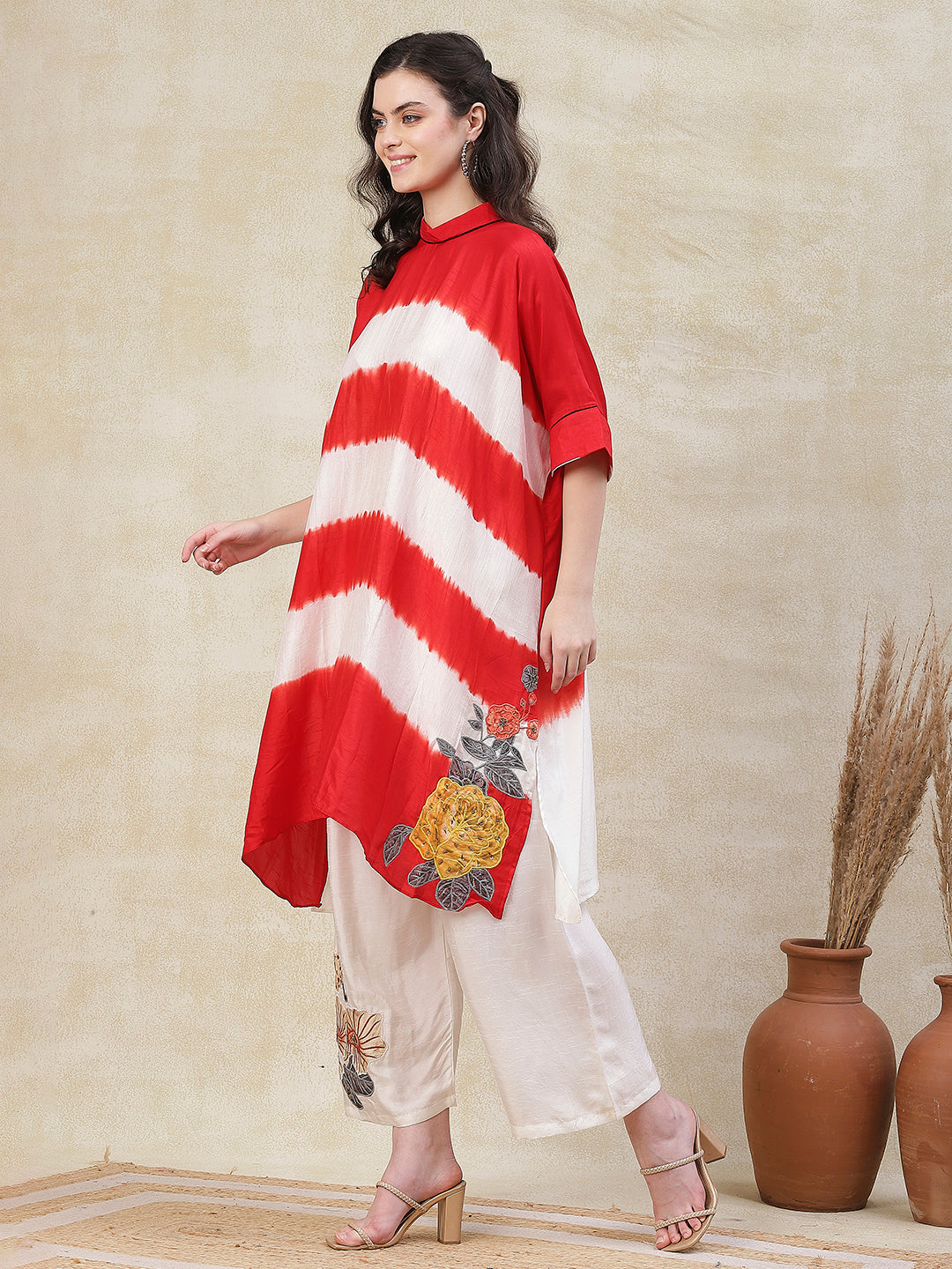 Tie - Dyed & Floral Embroidered Kaftan Kurta with Palazzo - Red