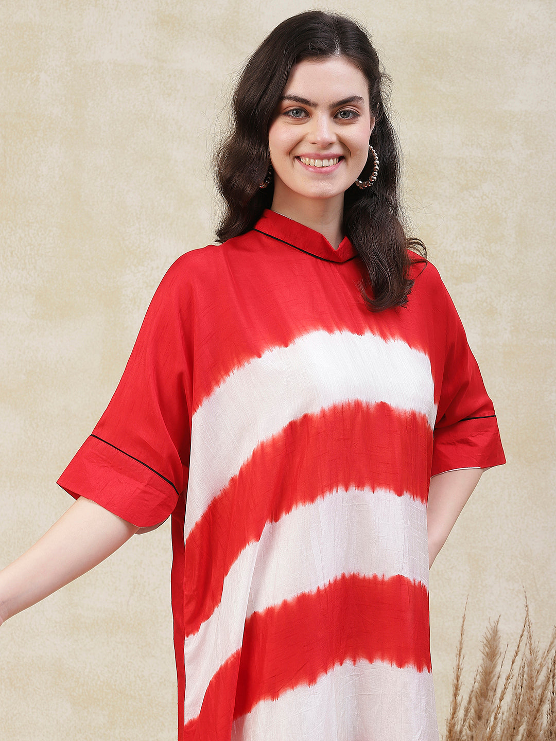 Tie - Dyed & Floral Embroidered Kaftan Kurta with Palazzo - Red