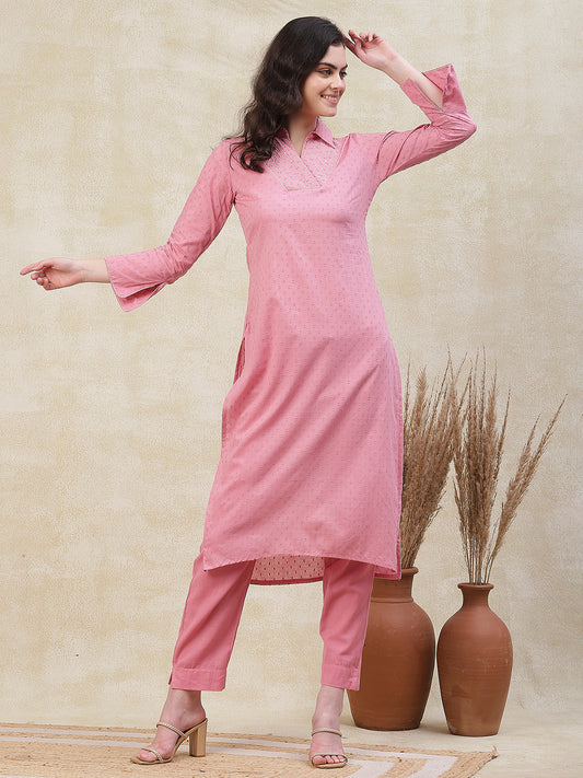 Woven Buti Design Sequins & Resham Embellished Kurta with Pants - Pink