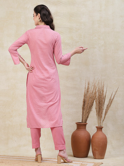 Woven Buti Design Sequins & Resham Embellished Kurta with Pants - Pink