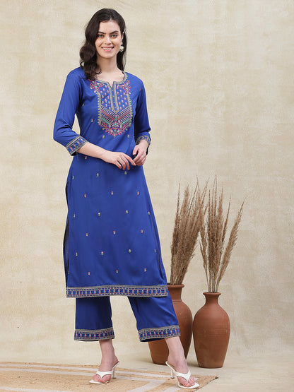 Solid Resham & Sequins Embroidered Kurta with Palazzo Pants - Blue