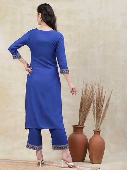 Solid Resham & Sequins Embroidered Kurta with Palazzo Pants - Blue