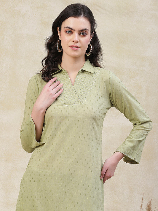 Woven Buti Design Sequins & Resham Embellished Kurta with Pants - Green