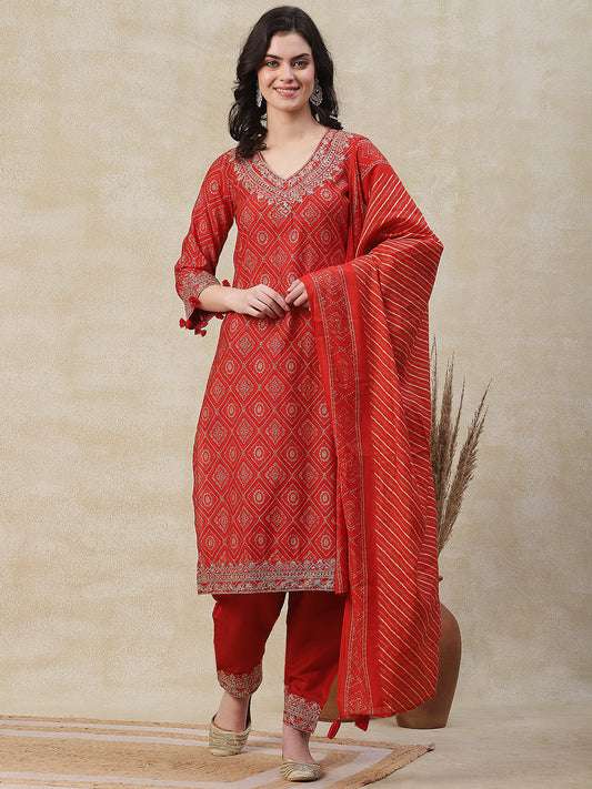 Ethnic Printed Zari, Sequins & Mirror Embroidered Kurta with Pants & Dupatta - Orange