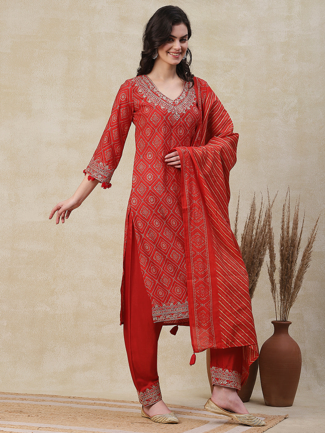 Ethnic Printed Zari, Sequins & Mirror Embroidered Kurta with Pants & Dupatta - Orange