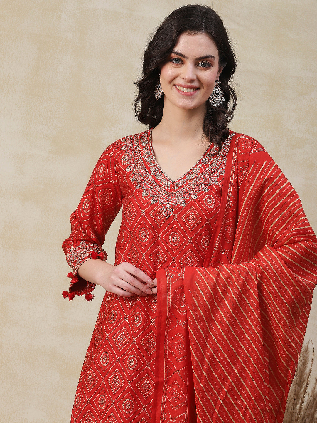 Ethnic Printed Zari, Sequins & Mirror Embroidered Kurta with Pants & Dupatta - Orange