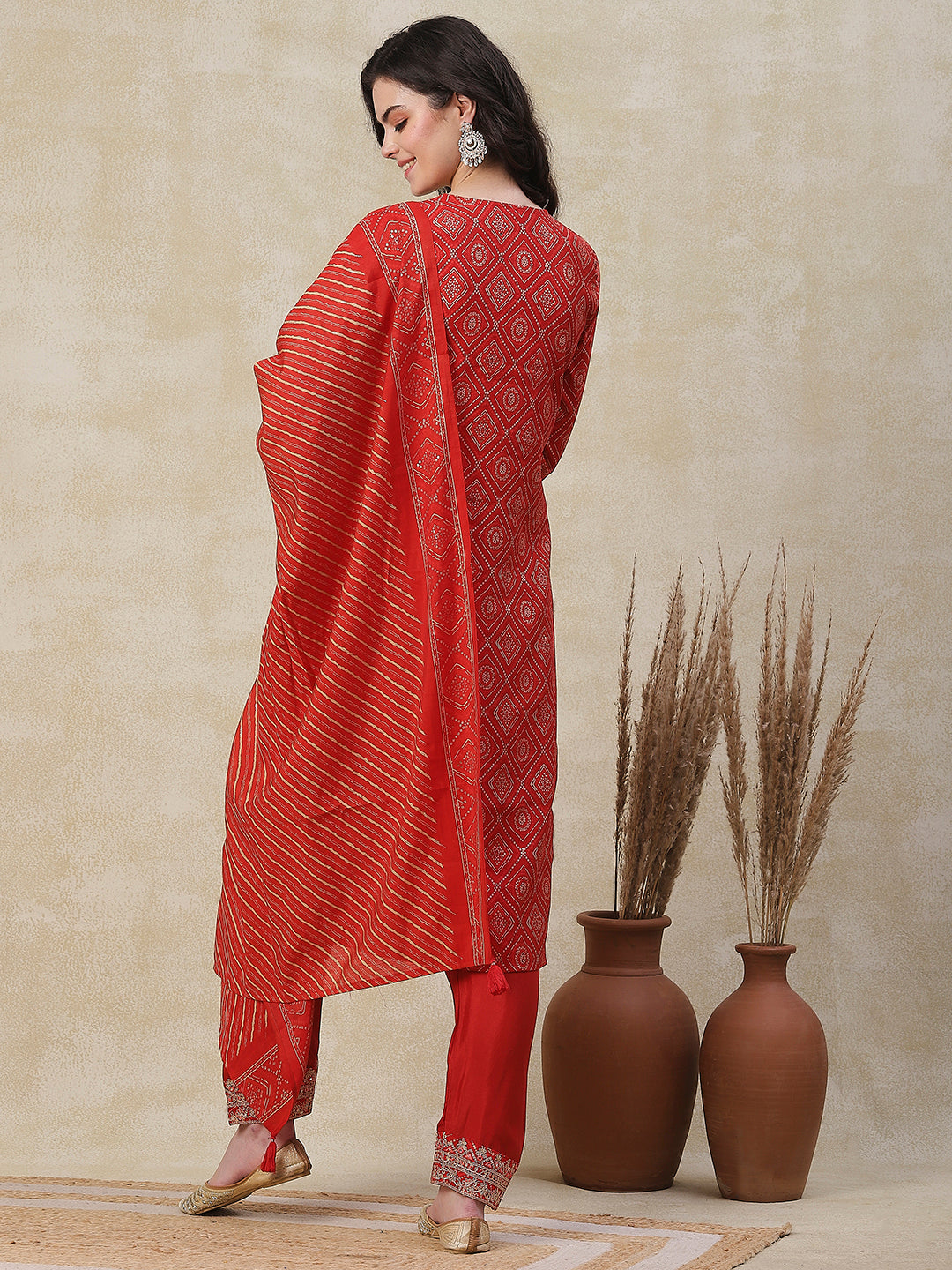 Ethnic Printed Zari, Sequins & Mirror Embroidered Kurta with Pants & Dupatta - Orange