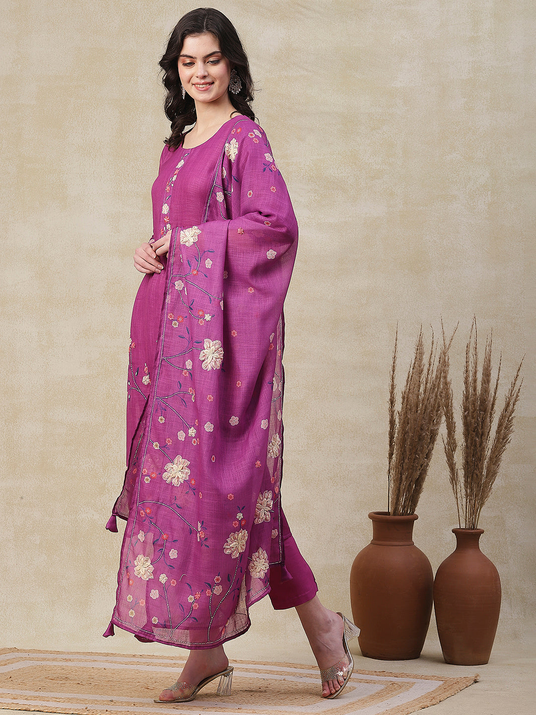 Floral Printed & Embroidered Kurta with Pant & Printed Dupatta - Purple