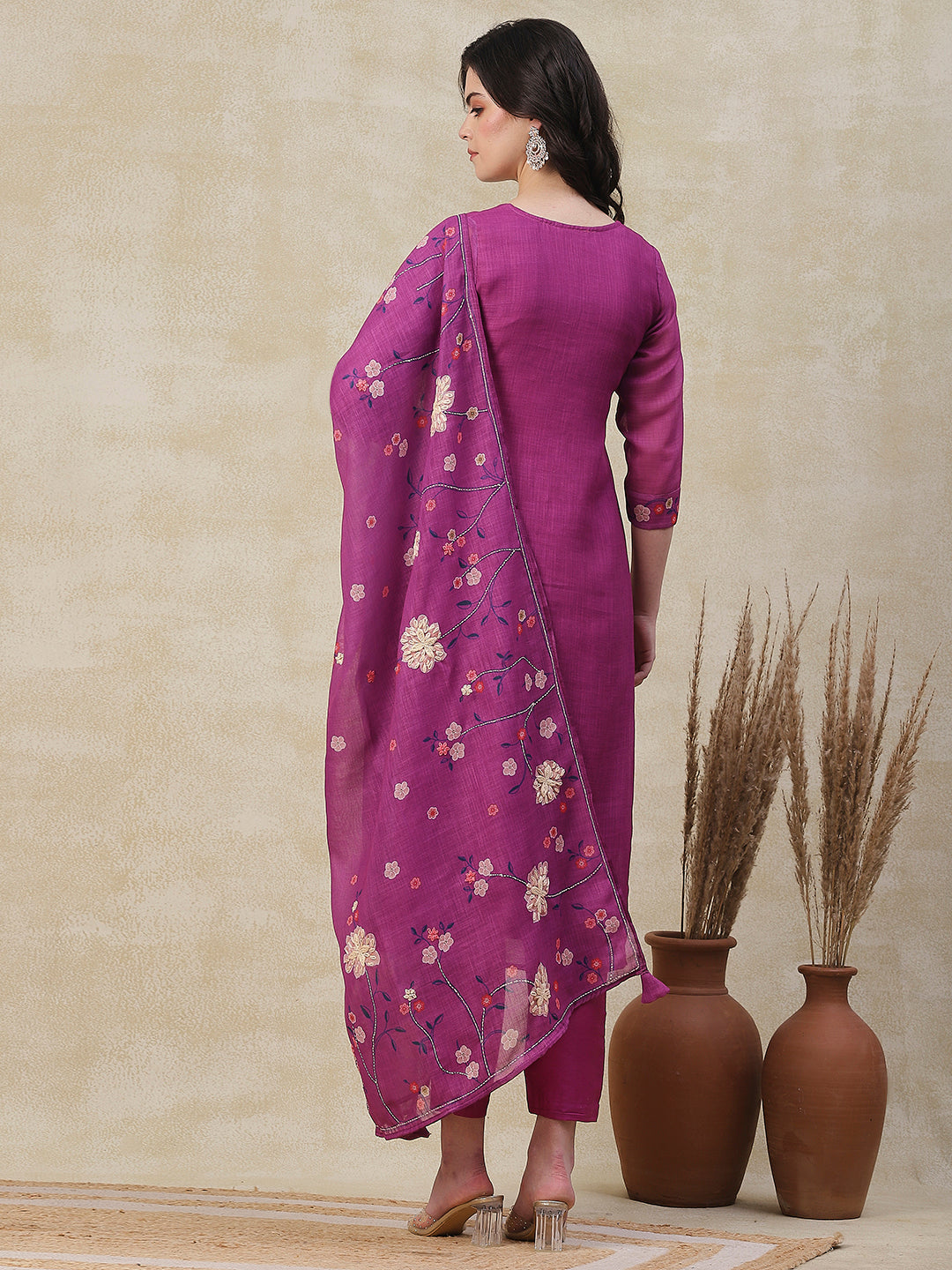 Floral Printed & Embroidered Kurta with Pant & Printed Dupatta - Purple