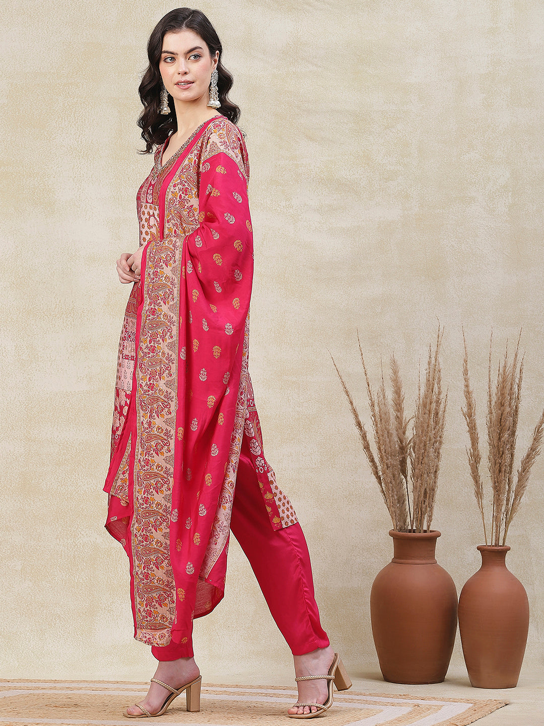 Floral & Paisley Printed Aari Embroidered Kurta with Pants & Dupatta 