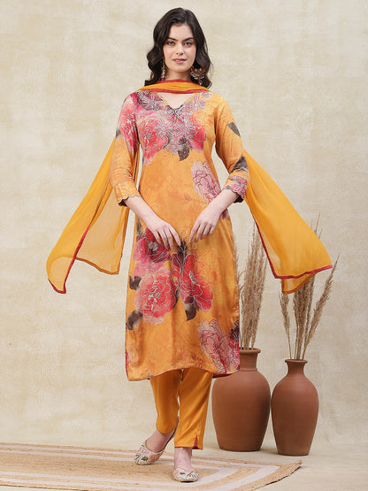 Floral & Abstract Printed Beads & Zari Embroidered Kurta with Pants & Dupatta - Yellow