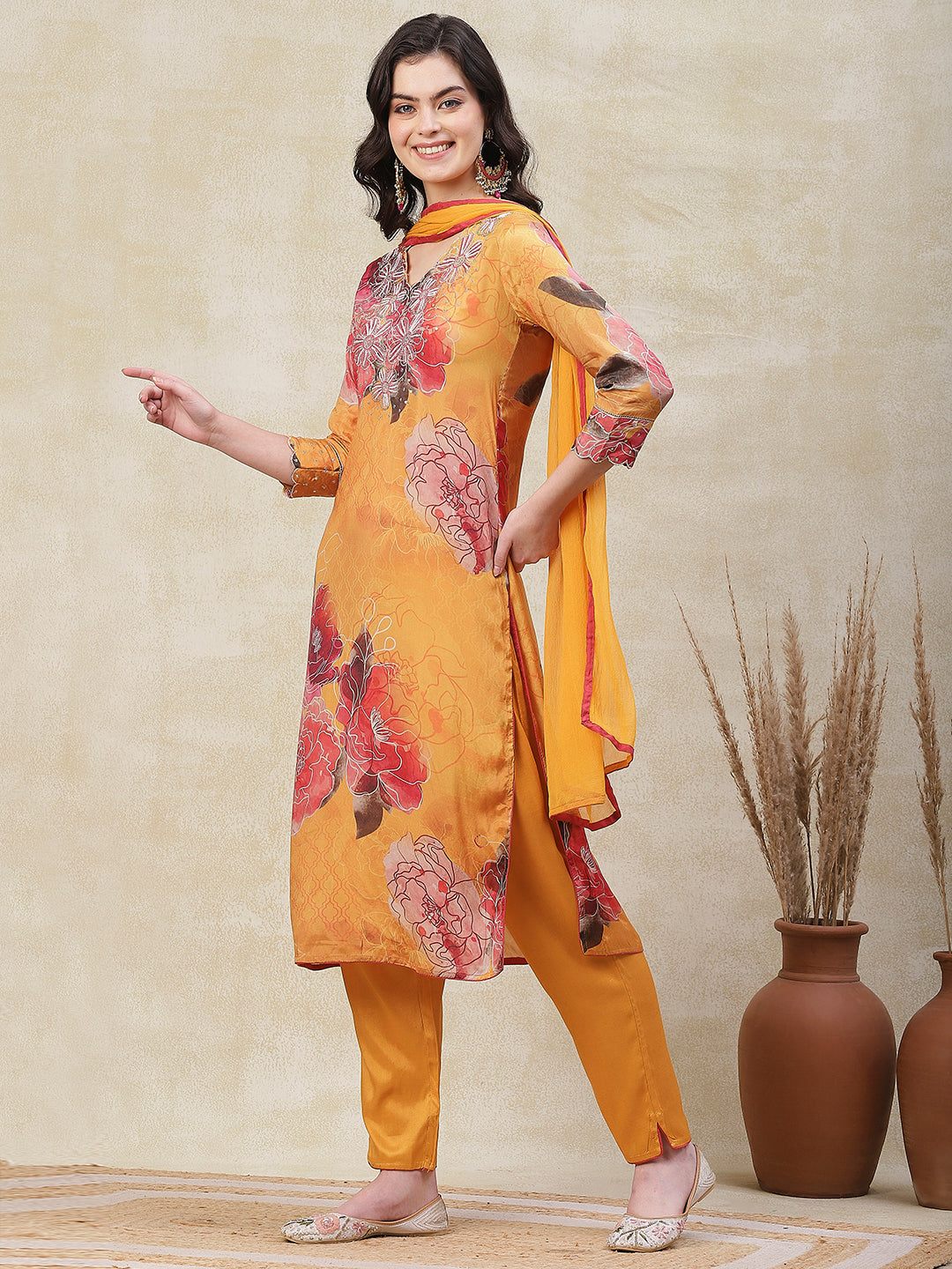 Floral & Abstract Printed Beads & Zari Embroidered Kurta with Pants & Dupatta - Yellow