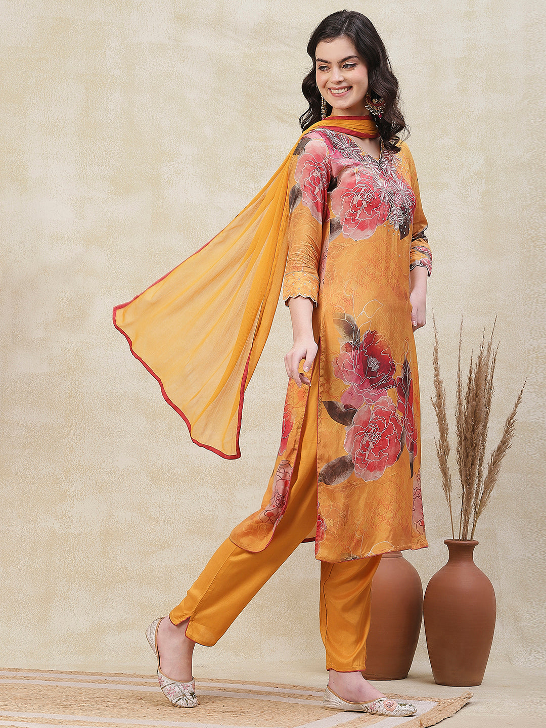 Floral & Abstract Printed Beads & Zari Embroidered Kurta with Pants & Dupatta - Yellow