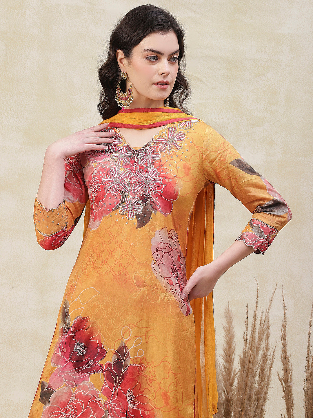 Floral & Abstract Printed Beads & Zari Embroidered Kurta with Pants & Dupatta - Yellow