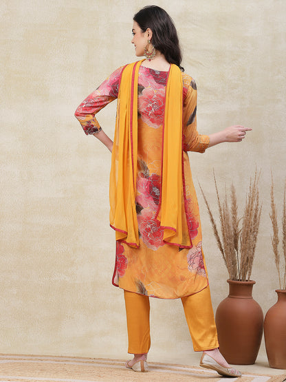 Floral & Abstract Printed Beads & Zari Embroidered Kurta with Pants & Dupatta - Yellow