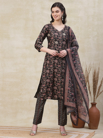 Floral Printed Mirror Embroidered Kurta with Chevron Pants & Dupatta - Black