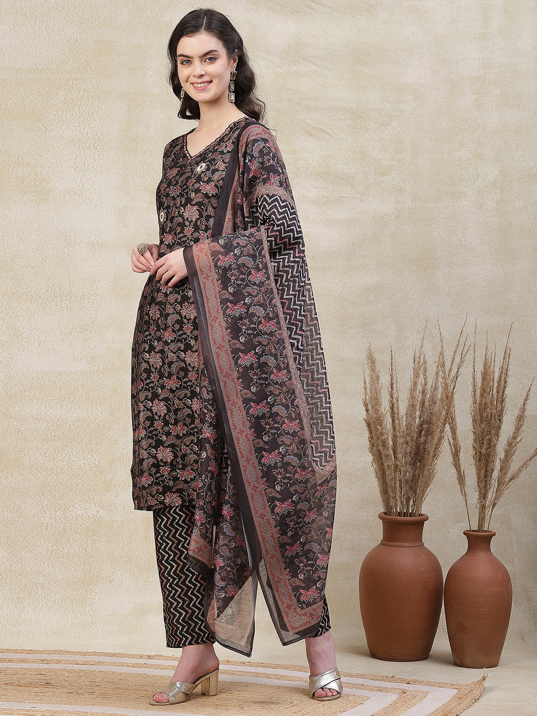 Floral Printed Mirror Embroidered Kurta with Chevron Pants & Dupatta - Black