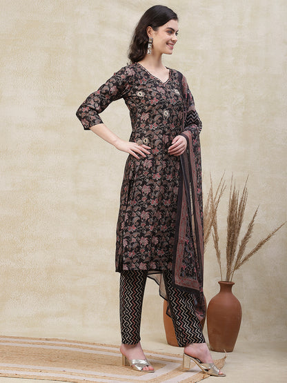 Floral Printed Mirror Embroidered Kurta with Chevron Pants & Dupatta - Black