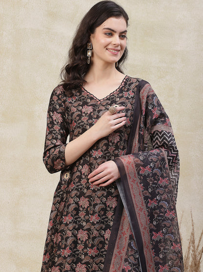 Floral Printed Mirror Embroidered Kurta with Chevron Pants & Dupatta - Black